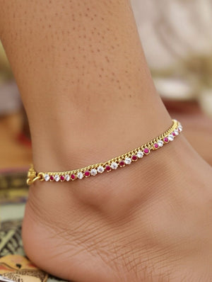 Only one Gold Plated Red & Crystal Stone Chain Payal Anklet — Boho Jewellery UK | The Colourful Aura