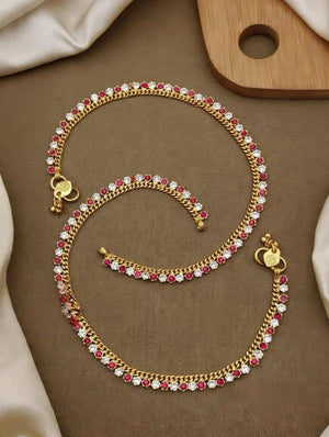 Gold Plated Red & Crystal Stone Chain Payal Anklet (Close-up Detail) | The Colourful Aura