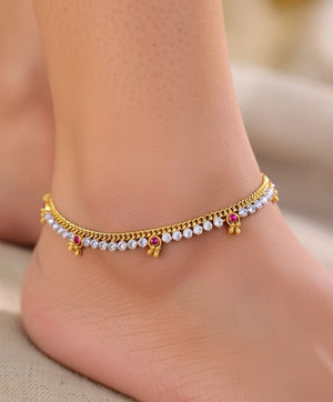 Only One Gold Plated Crystal Stone Dangle Charm Payal Anklet (Close-up Detail) | The Colourful Aura