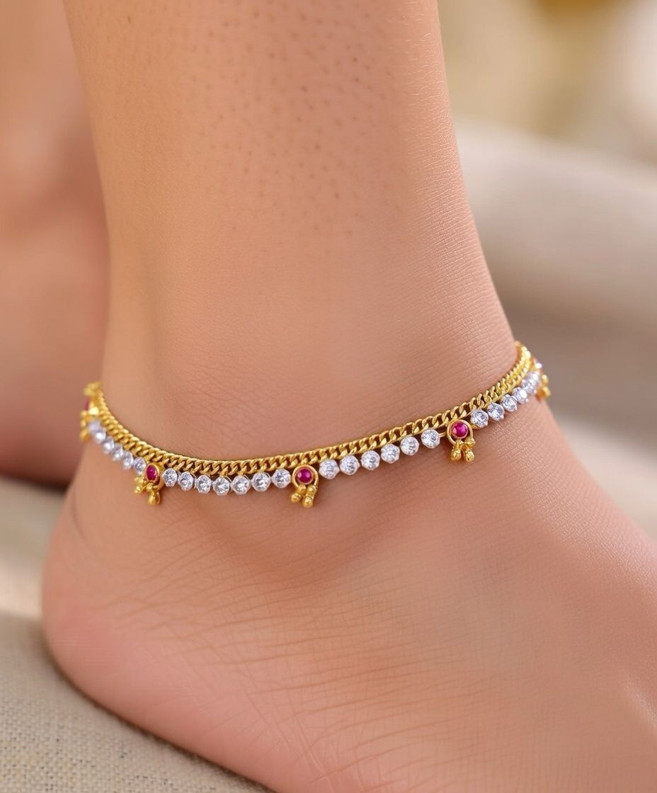 Only One Gold Plated Crystal Stone Dangle Charm Payal Anklet (Close-up Detail) | The Colourful Aura