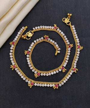 Set of Two Gold Plated Crystal Stone Dangle Charm Payal Anklet (Close-up Detail) | The Colourful Aura