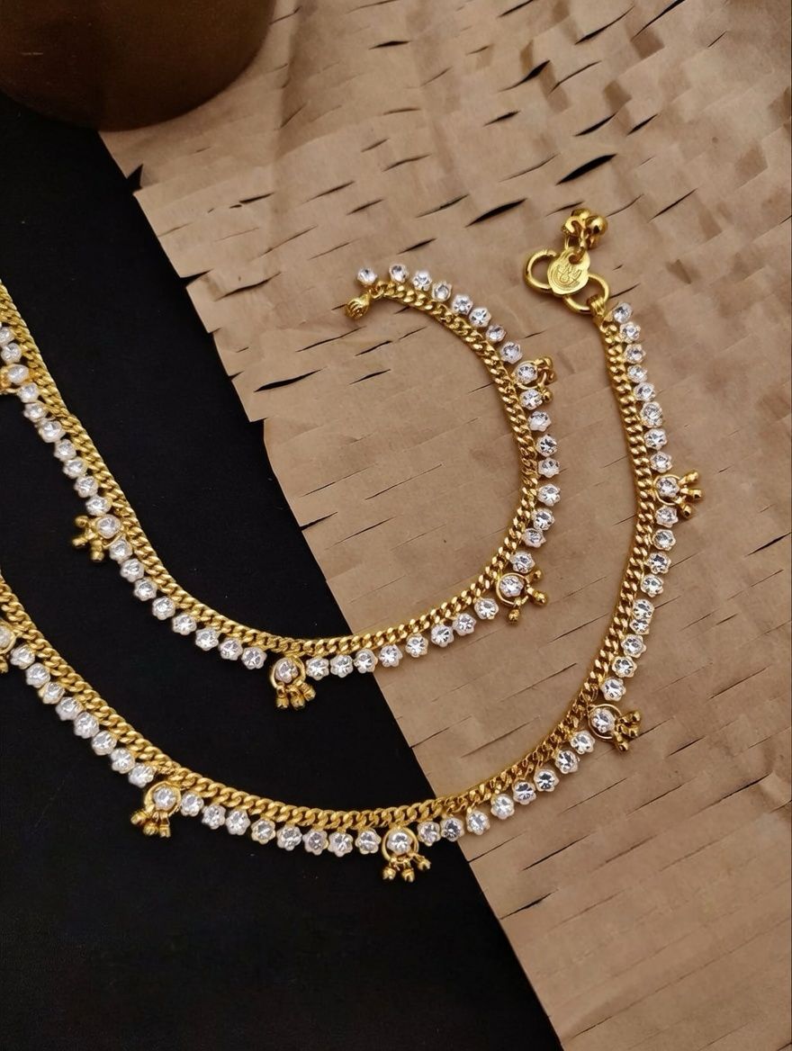 Set of Two Gold Plated Crystal Braided Dangle Charm Anklet (Close-up Detail) | The Colourful Aura