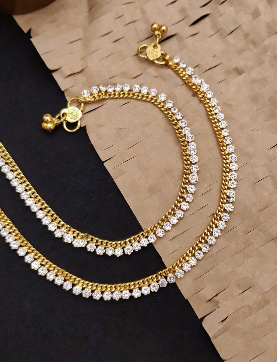 Set of Two Gold Plated Crystal Braided Chain Dangle Anklet (Close-up Detail) | The Colourful Aura