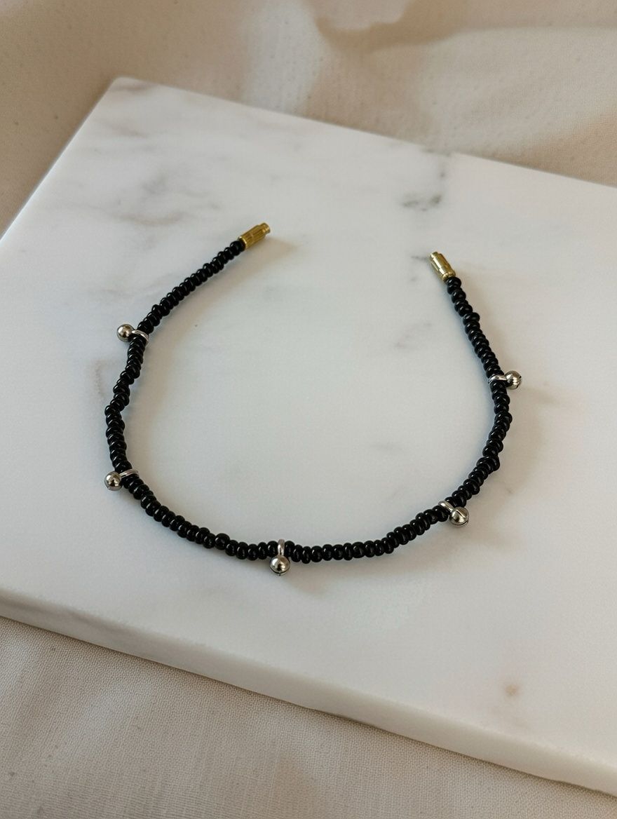 Classic Black Beaded Slim Ghungroo Bell Anklet Payal