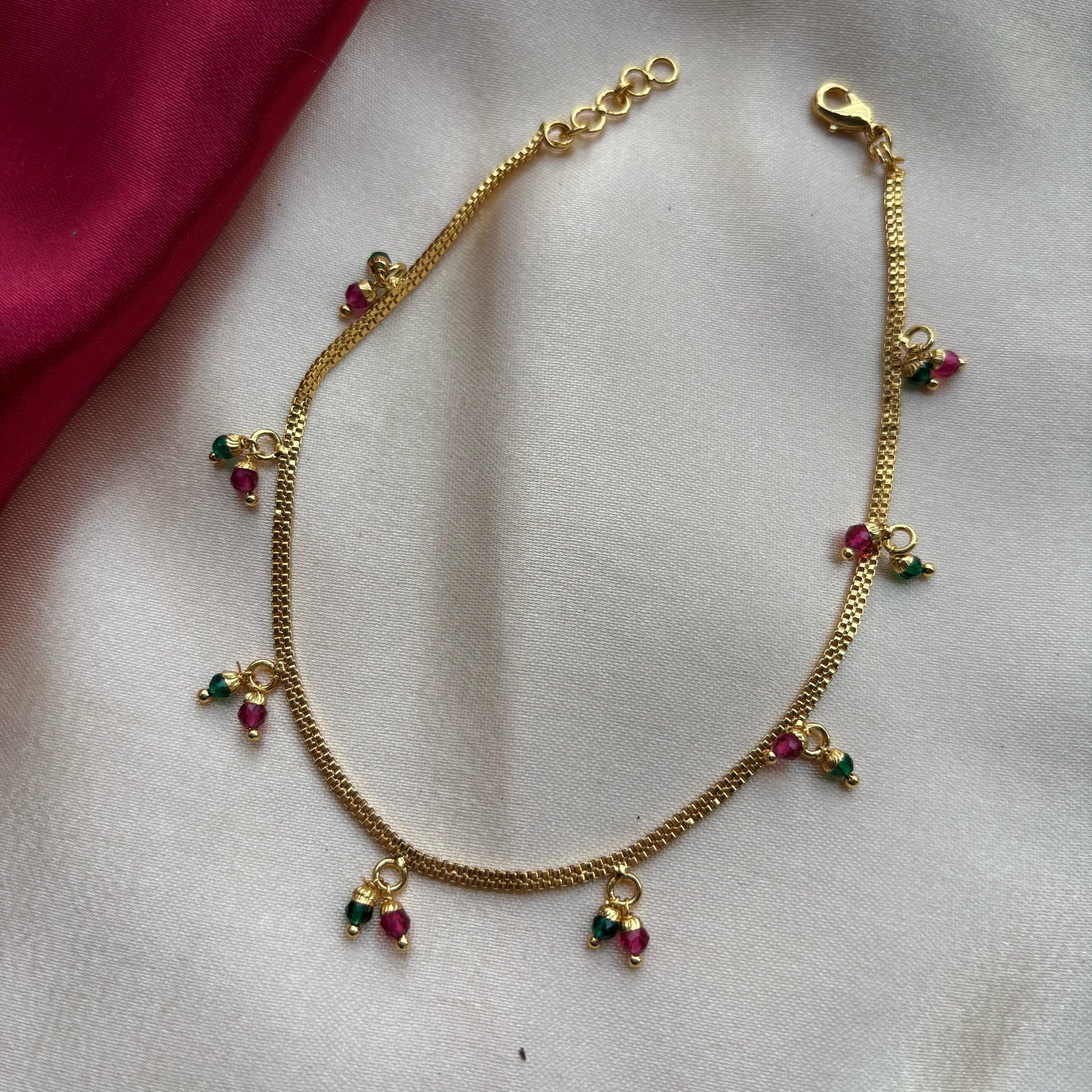 Golden Brass Rounds Red Green Beads Indian Payal Anklet