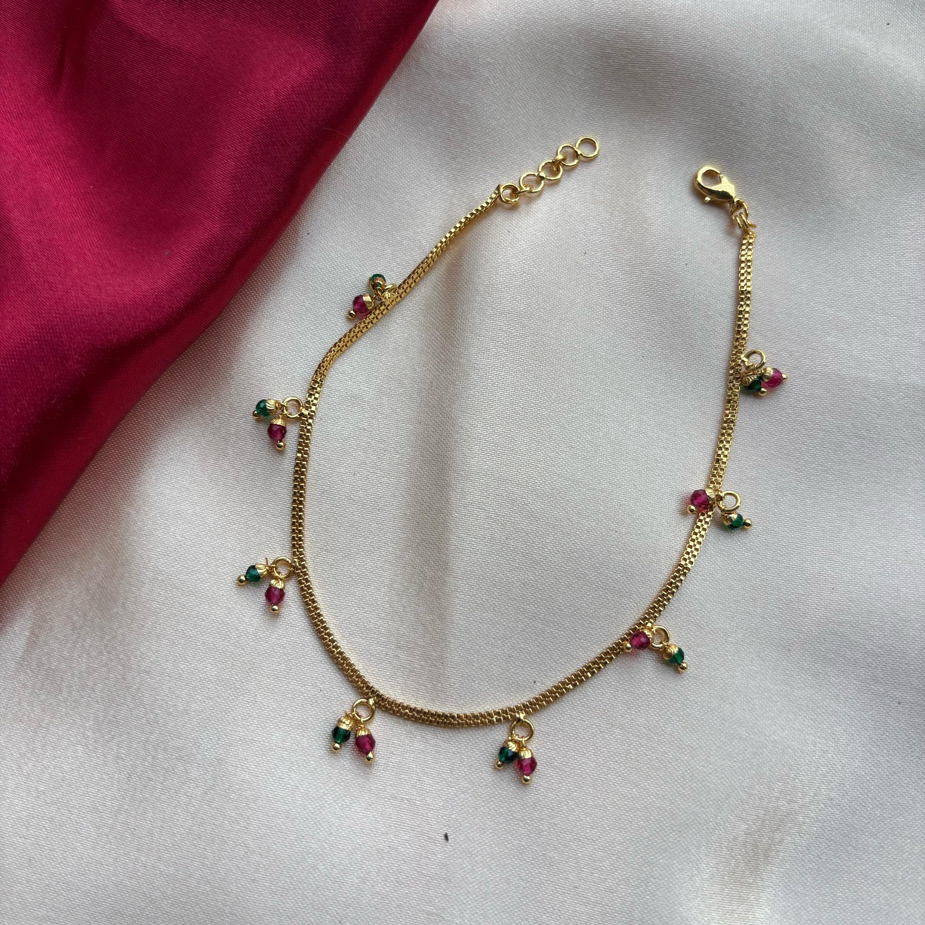 Golden Brass Rounds Red Green Beads Indian Payal Anklet