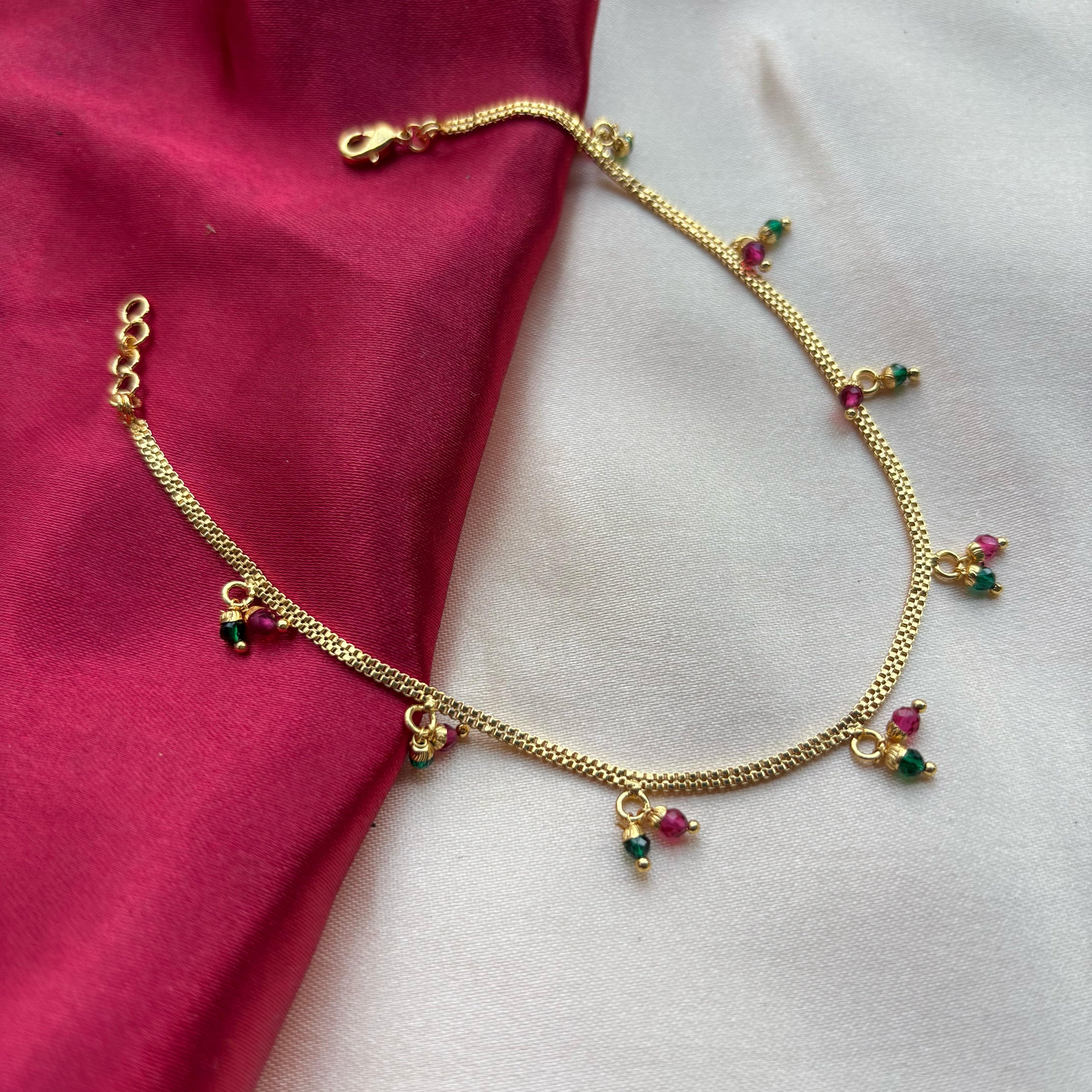 Golden Brass Rounds Red Green Beads Indian Payal Anklet