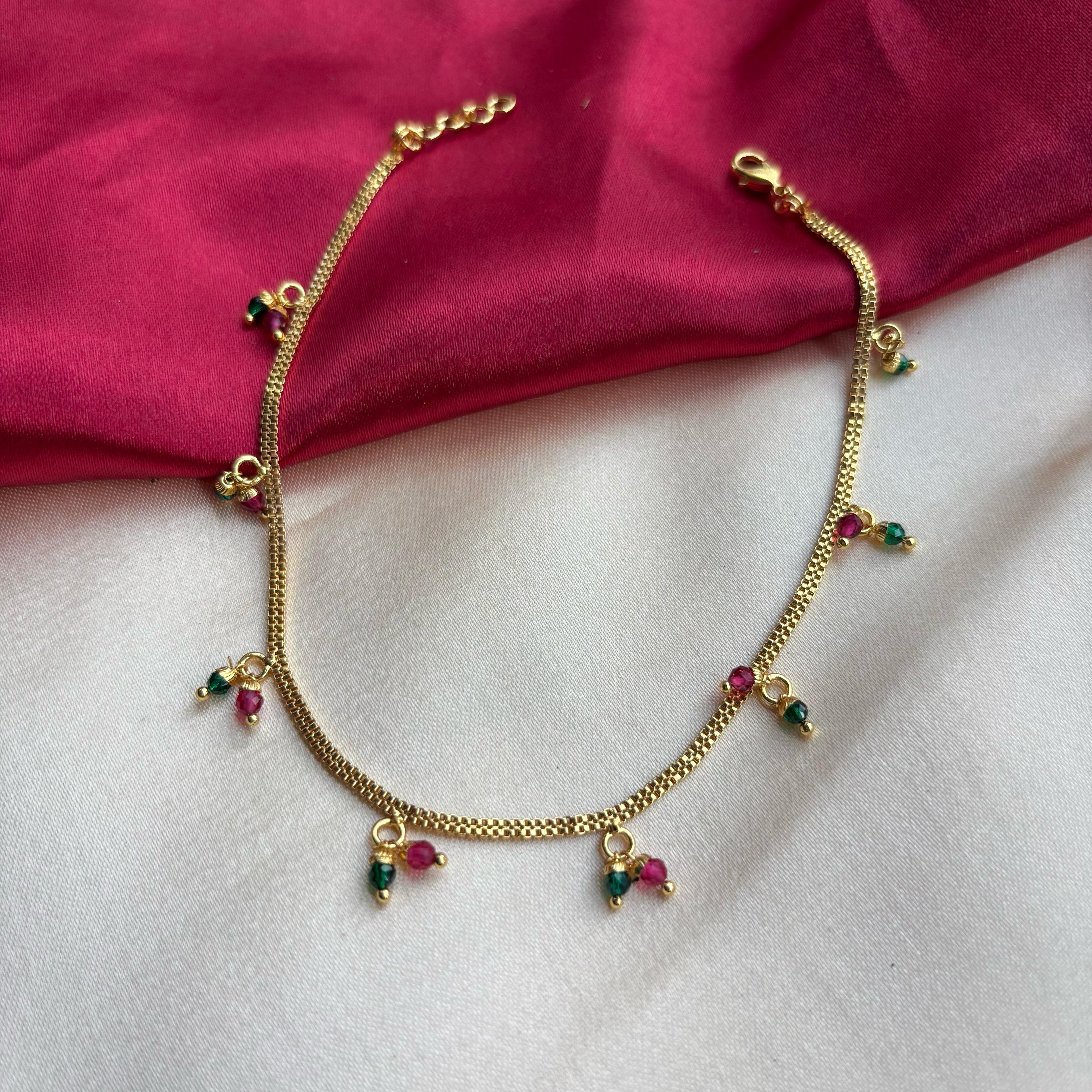Golden Brass Rounds Red Green Beads Indian Payal Anklet