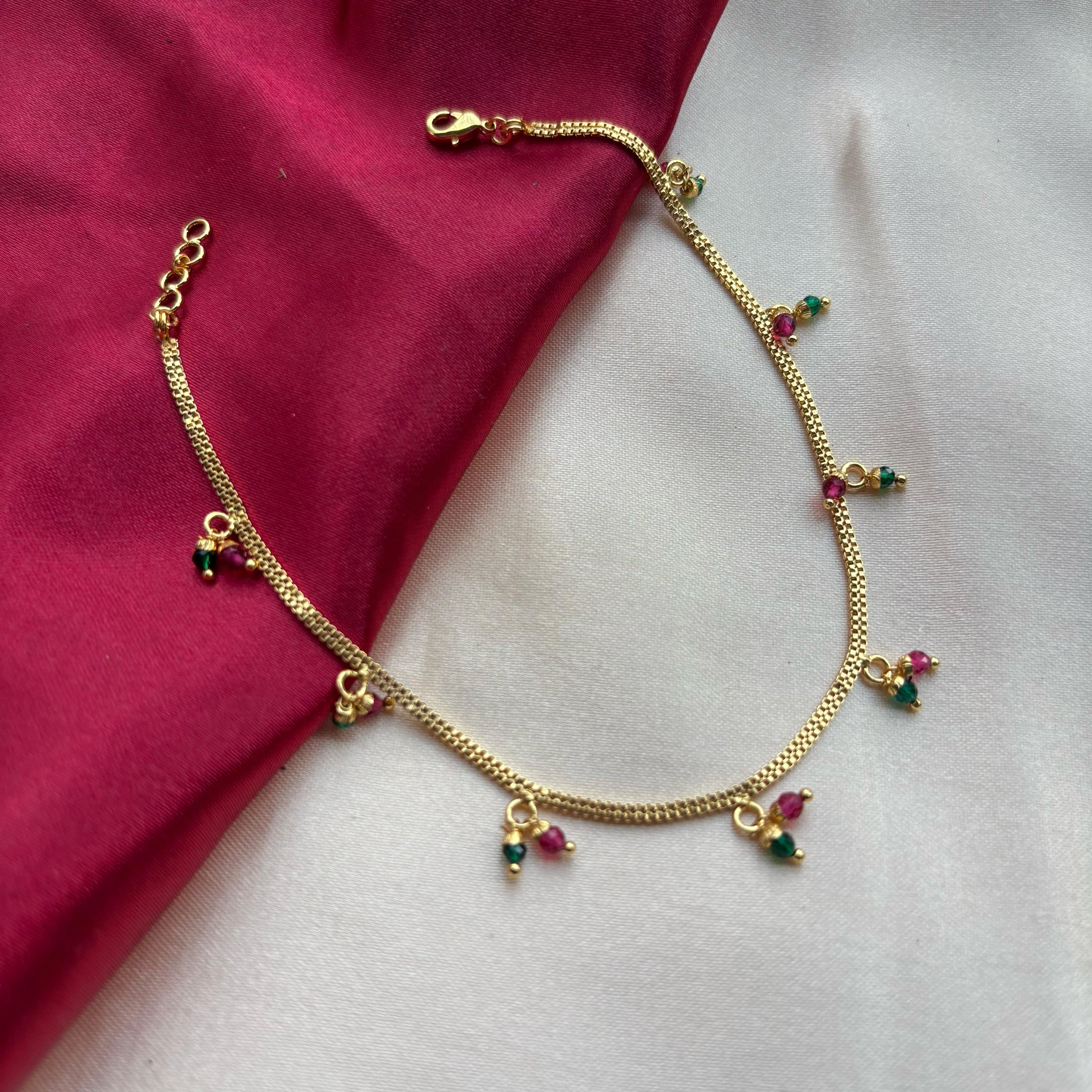 Golden Brass Rounds Red Green Beads Indian Payal Anklet