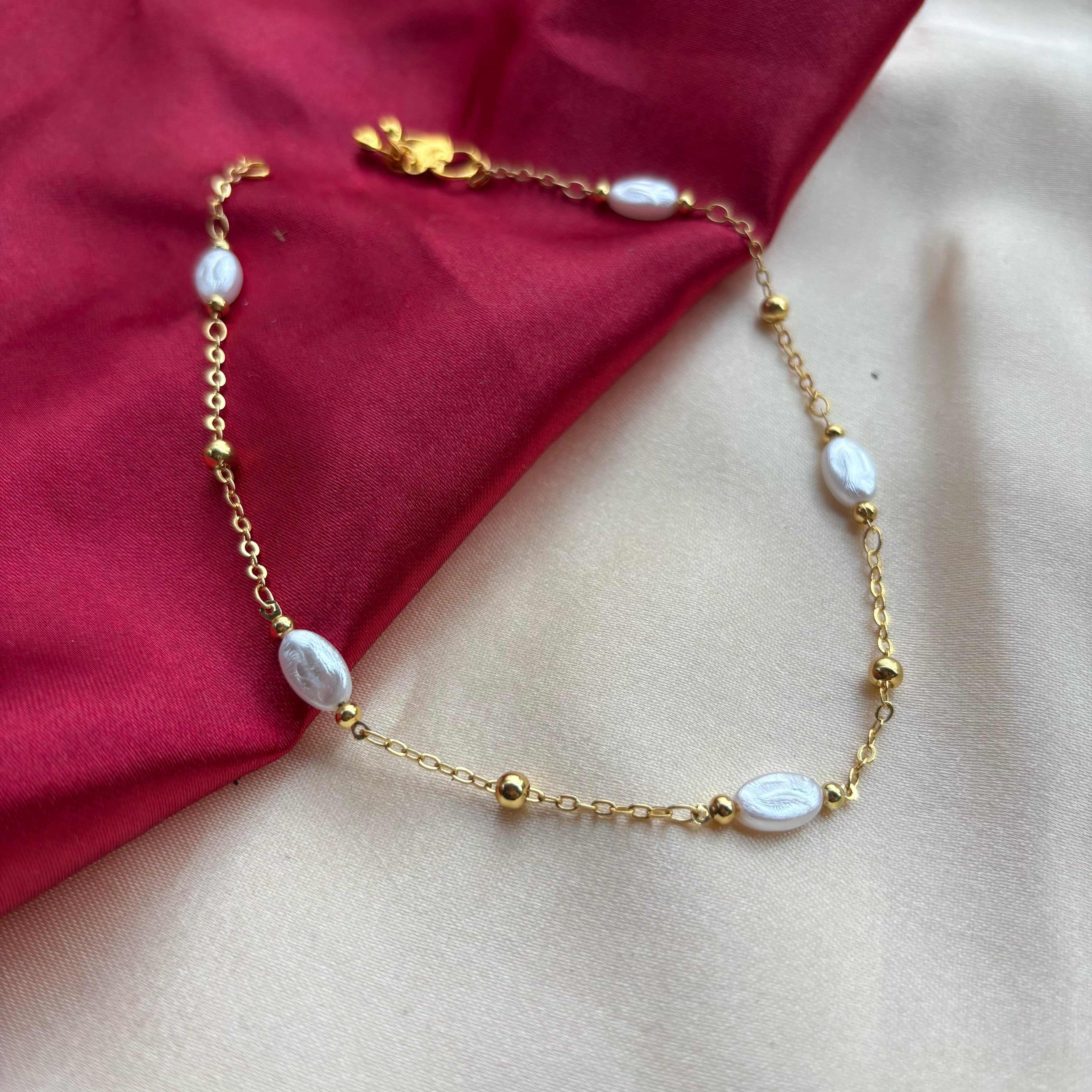 Golden Brass Rounds Pearl Beads Indian Payal Anklet