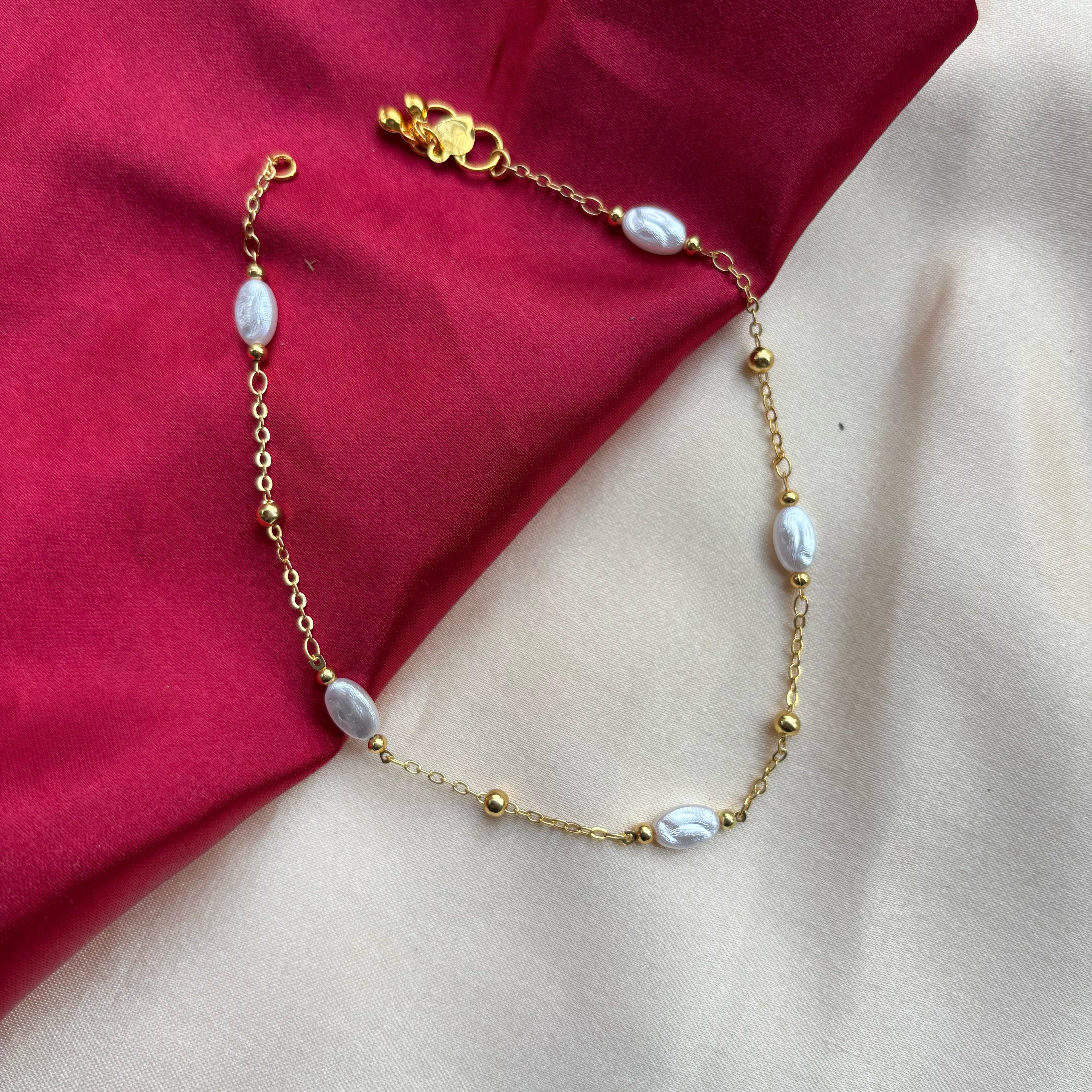 Golden Brass Rounds Pearl Beads Indian Payal Anklet