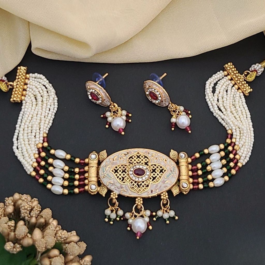 Traditional Ethnic Multi Strand White Pearl Dangle Diana Choker