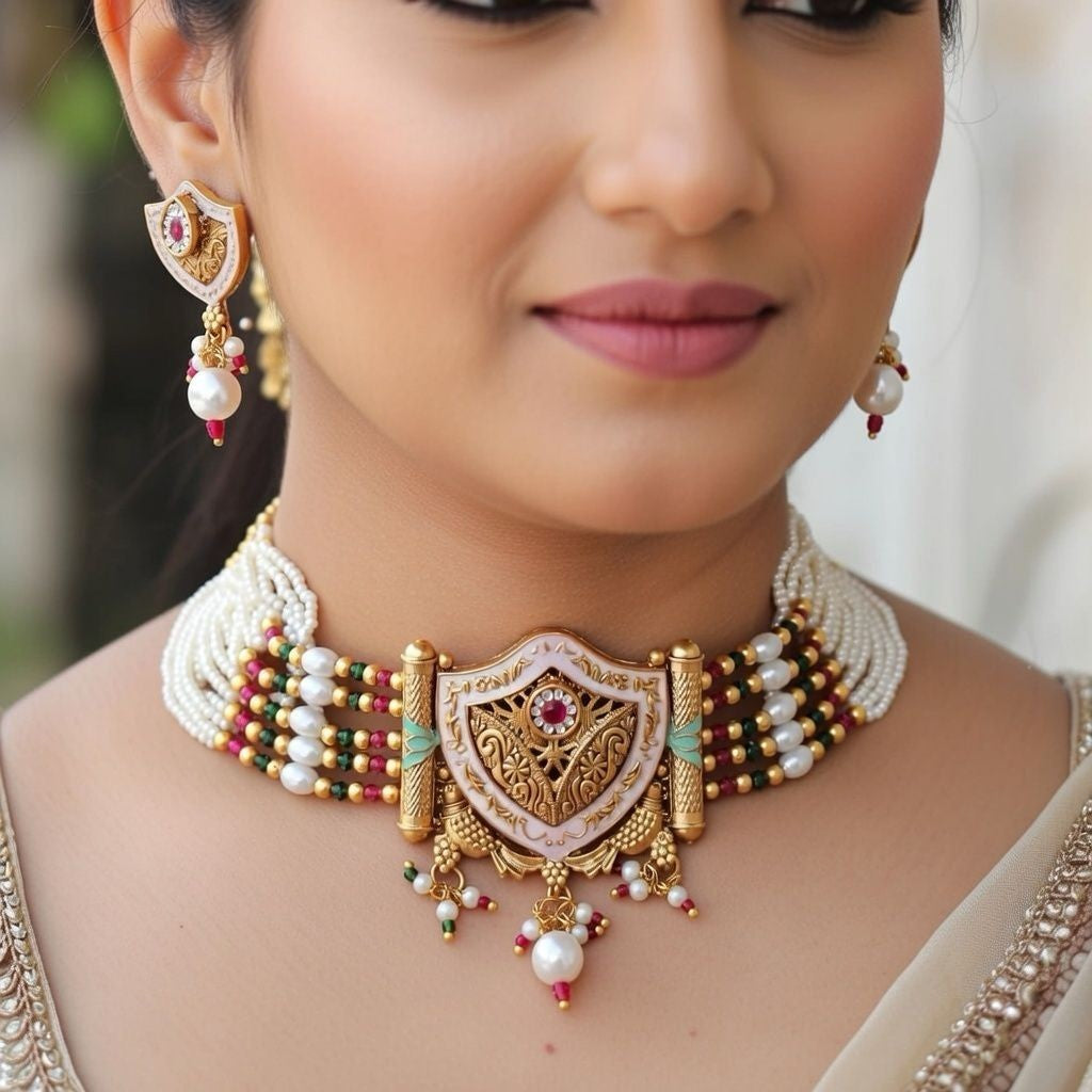 Traditional Ethnic Multi Strand White Pearl Dangle Diana Choker — Boho Jewellery UK | The Colourful Aura