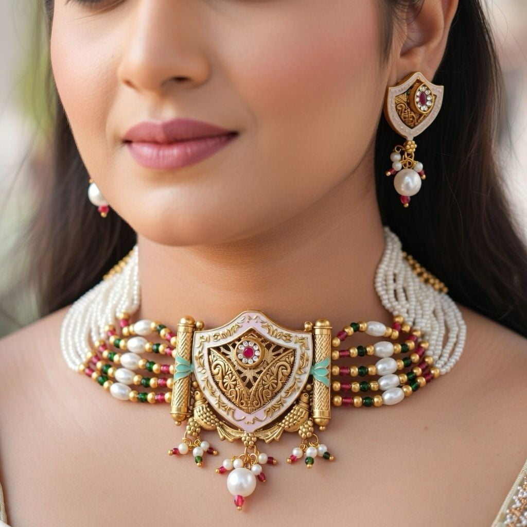 Traditional Ethnic Multi Strand White Pearl Dangle Diana Choker