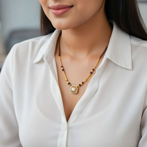 Square Solitaire Charm Black Beaded 18ct Gold Plated Mangalsutra Necklace (Close-up Detail) | The Colourful Aura
