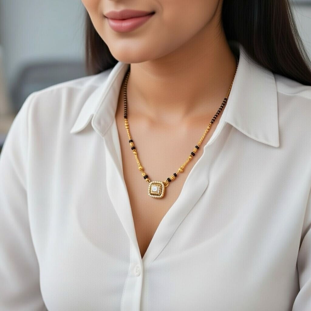 Square Solitaire Charm Black Beaded 18ct Gold Plated Mangalsutra Necklace (Close-up Detail) | The Colourful Aura