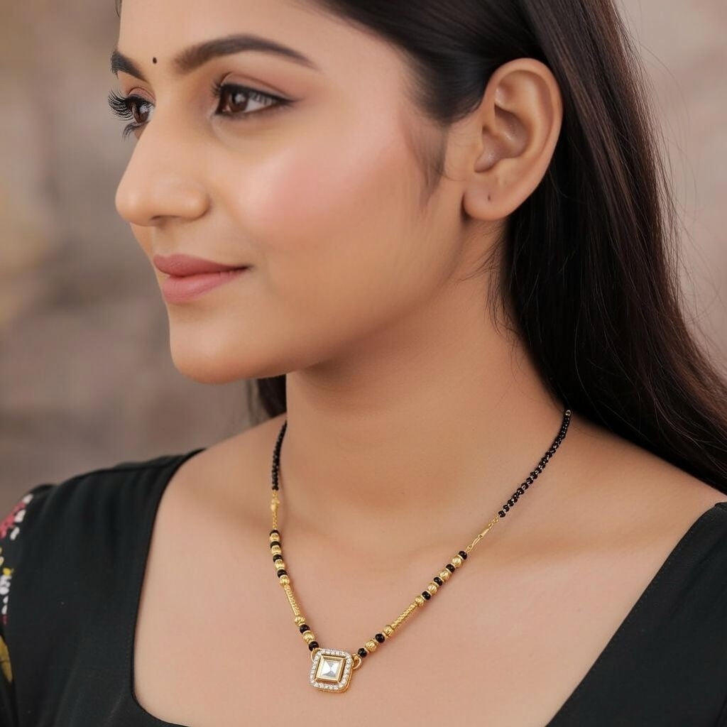 Square Solitaire Charm Black Beaded 18ct Gold Plated Mangalsutra Necklace (Close-up Detail) | The Colourful Aura