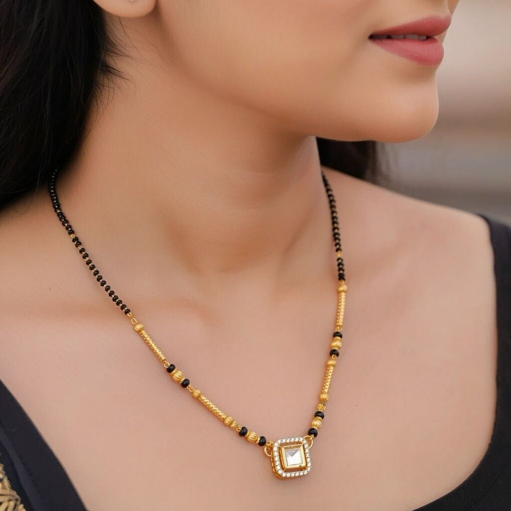 Square Solitaire Charm Black Beaded 18ct Gold Plated Mangalsutra Necklace — Boho Jewellery UK | The Colourful Aura