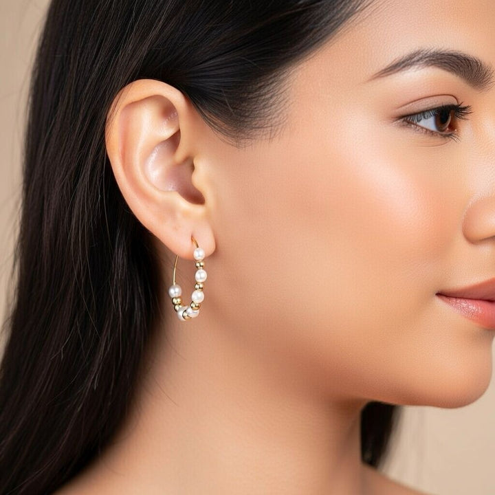 Gold White Beaded Dainty 30mm Bali Asian Indian Boho Summer Hoop Earring