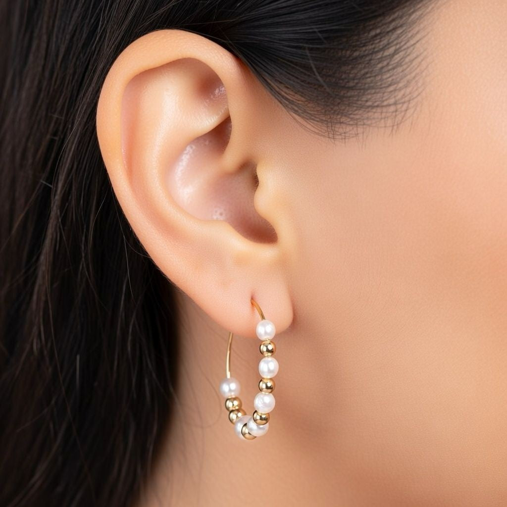Gold White Beaded Dainty 30mm Bali Asian Indian Boho Summer Hoop Earring