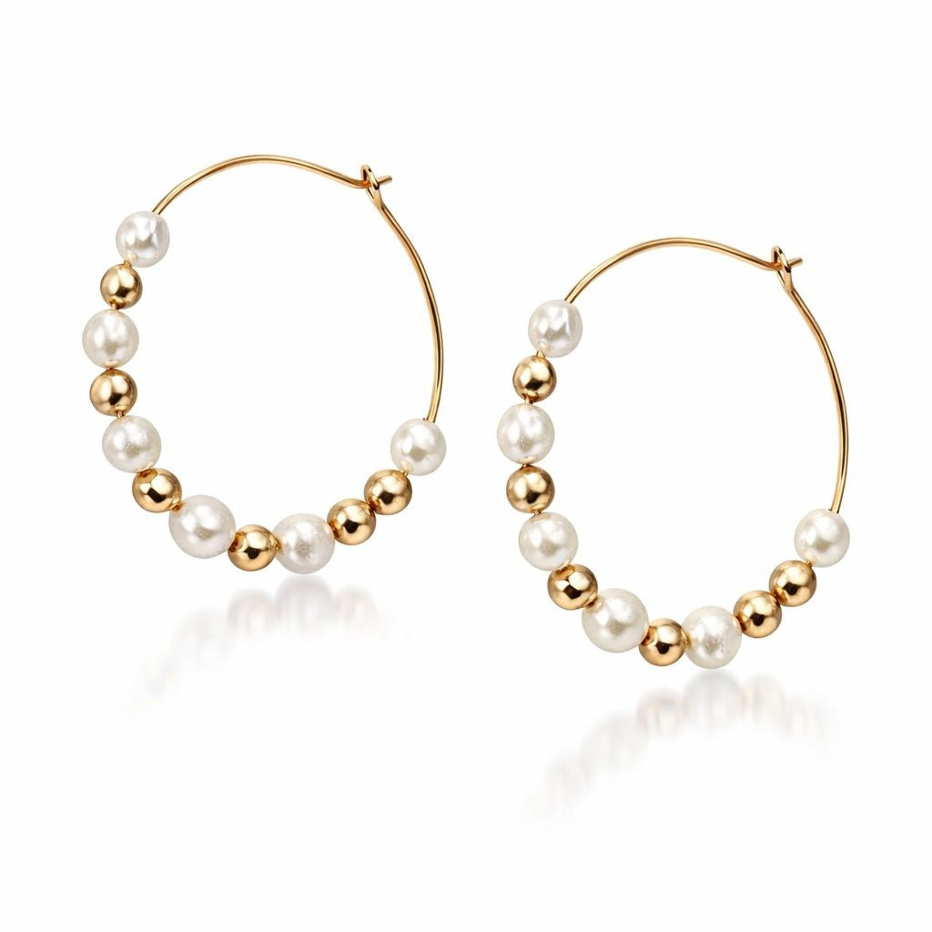 Gold White Beaded Dainty 30mm Bali Asian Indian Boho Summer Hoop Earring