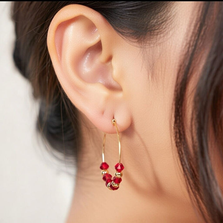 Gold Red Beaded 30mm Huggie Multicolour Dainty Boho Summer Hoop Bali Earring