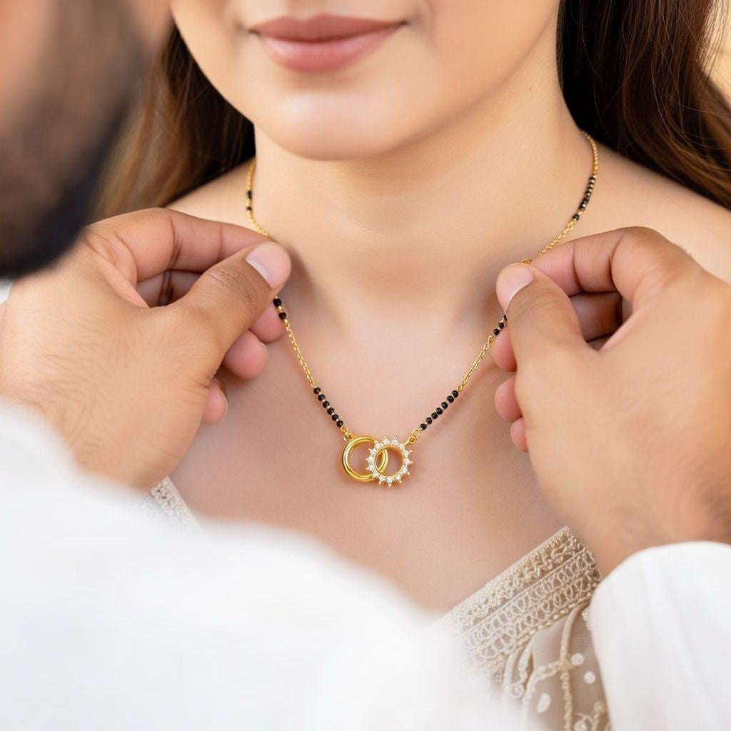Delicate Twin Ring Dokiya Mangalsutra Necklace– Modern Symbolism (Close-up Detail) | The Colourful Aura