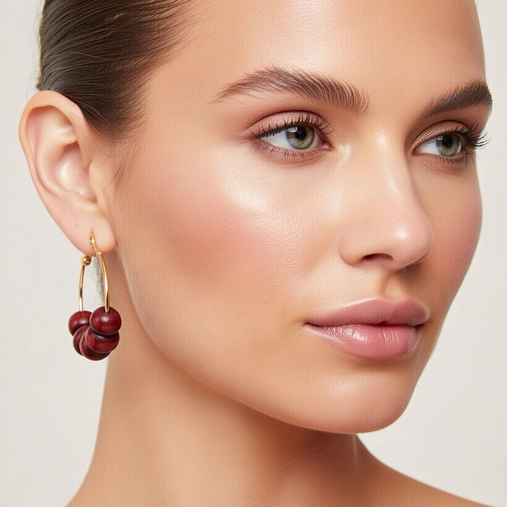 Red Sandalwood Beaded Huggie Dainty Hindu Asian Bali Boho Hoop Earring (Close-up Detail) | The Colourful Aura
