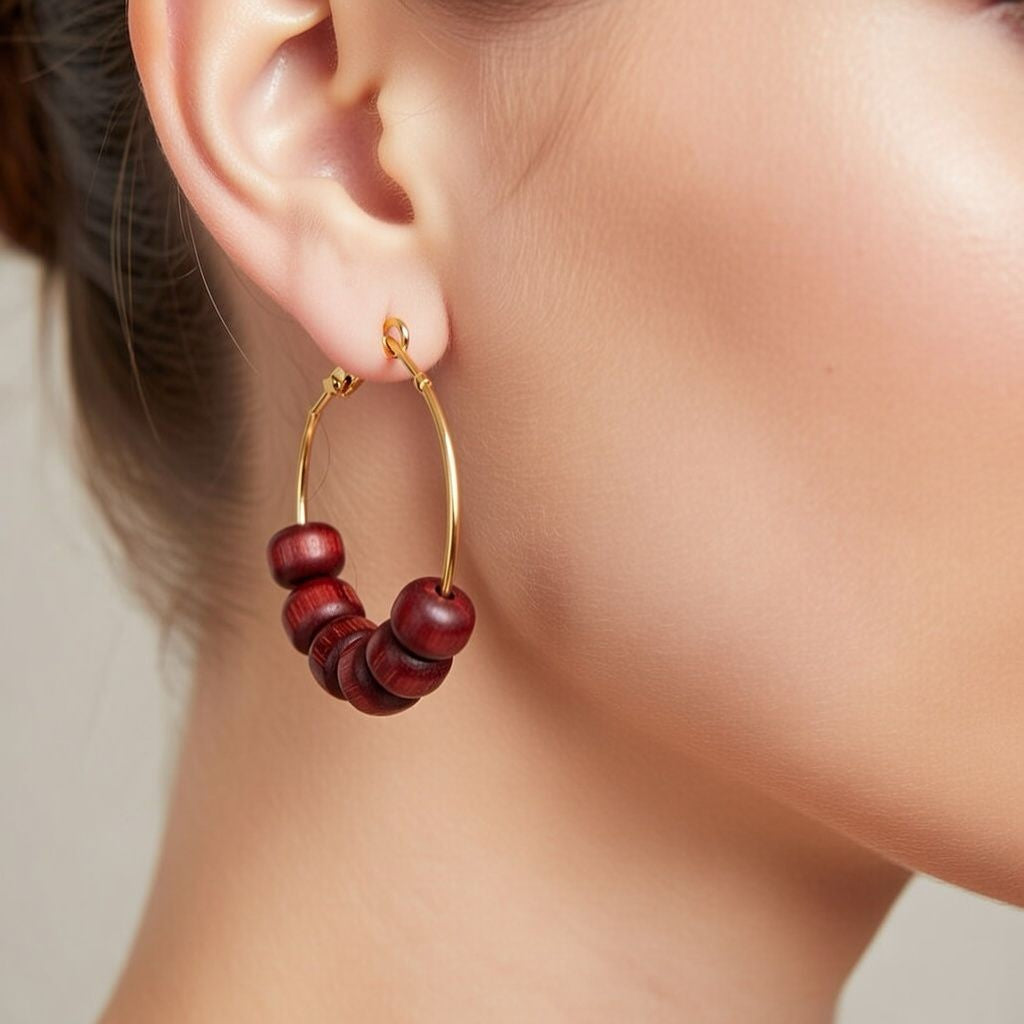 Red Sandalwood Beaded Huggie Dainty Hindu Asian Bali Boho Hoop Earring