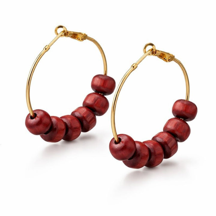 Red Sandalwood Beaded Huggie Dainty Hindu Asian Bali Boho Hoop Earring (Close-up Detail) | The Colourful Aura