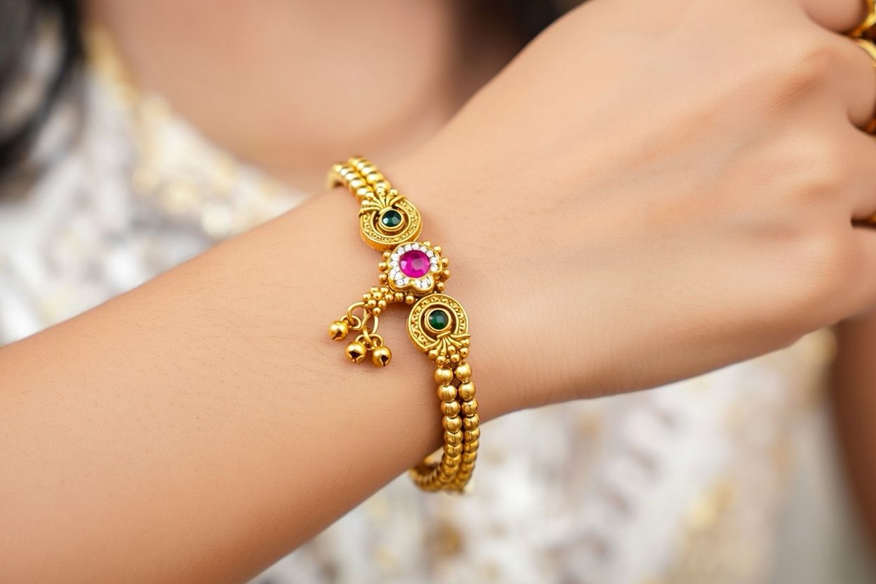 Traditional Brass Bracelet with Pink Stone Centerpiece