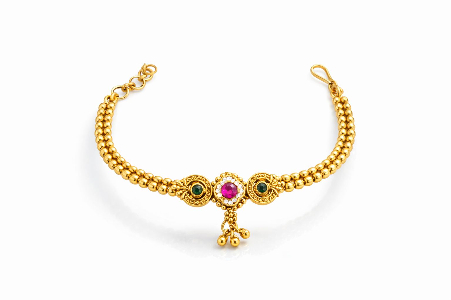 Traditional Brass Bracelet with Pink Stone Centerpiece