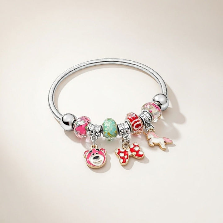 Unicorn Charm Dangle Silver Enamel Bangle Bracelet