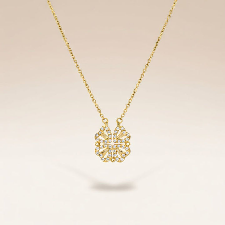 Four Heart Crystal Clover Flower Magnet Foldable Pendant Necklace