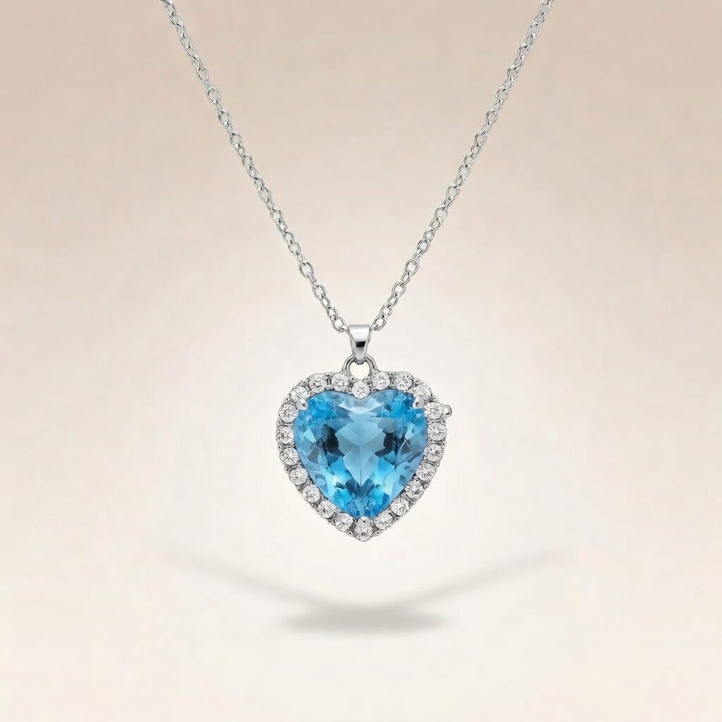 Large Titanic Blue Heart Zircon Vintage Diamond Pendant Necklace