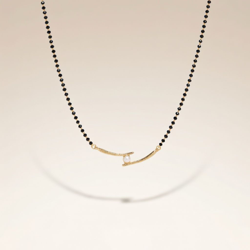 Asian Gold Plated Black Bead White Pearl Slim Mangalsutra Nazaria Necklace