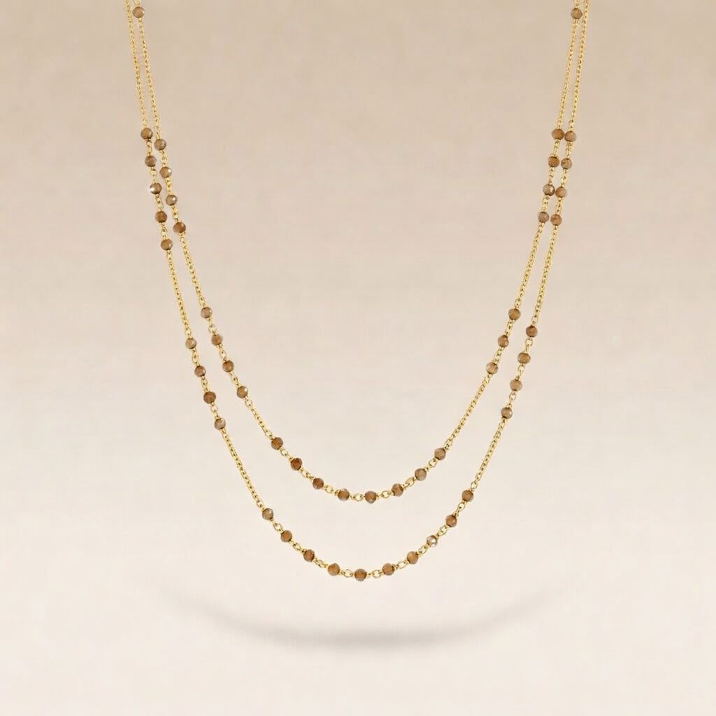 Two Strand Gold Pearl Necklace for Women , Multilayer Brass Red Pink Pearl Asian Jewellery, Thin Bohemian Stacking Dainty Chain Necklace