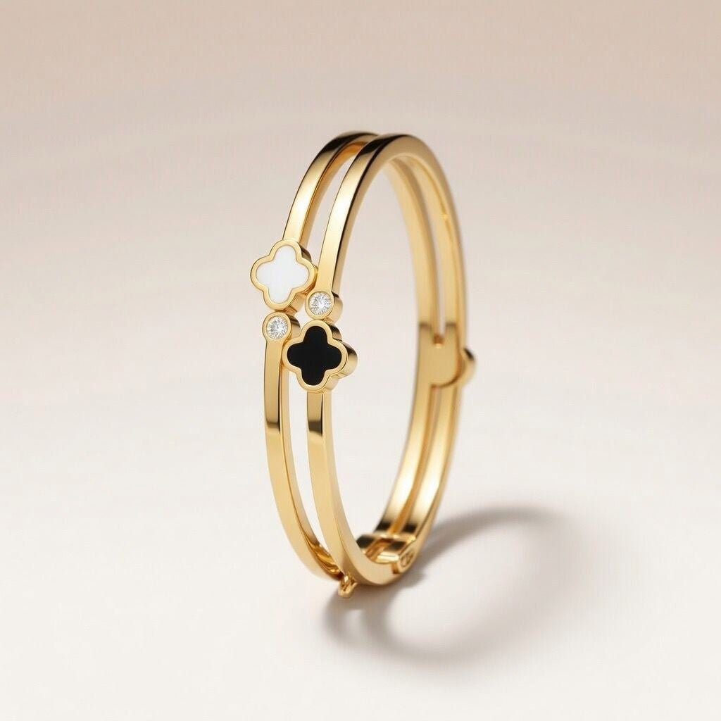 Two Clover Leaf Single Zircon Floral Irish Design Wrist Bangle Bracelet — Boho Jewellery UK | The Colourful Aura