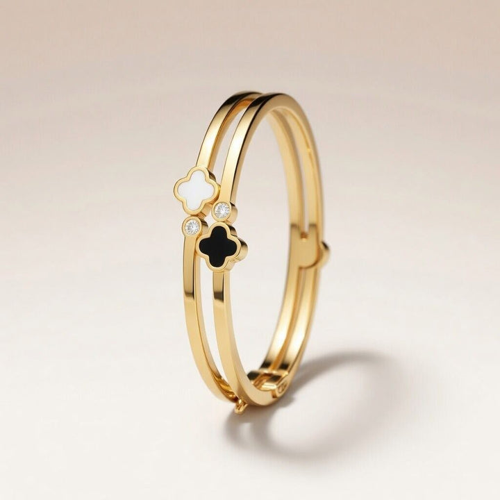 Two Clover Leaf Single Zircon Floral Irish Design Wrist Bangle Bracelet