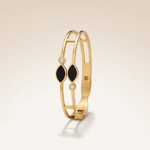 Two Black Leaf Zircon Gold Lightweight Minimalist Stacking Bangle Bracelet — Boho Jewellery UK | The Colourful Aura