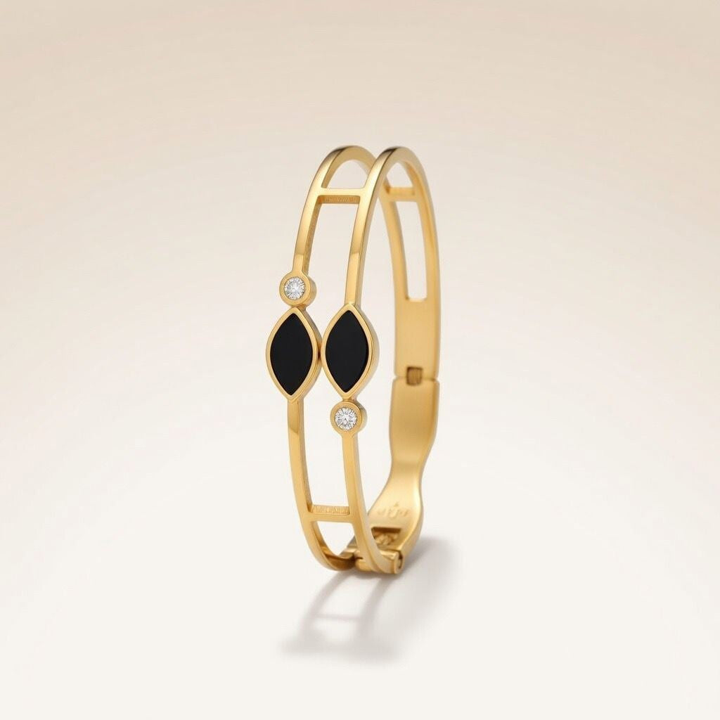 Two Black Leaf Zircon Gold Lightweight Minimalist Stacking Bangle Bracelet — Boho Jewellery UK | The Colourful Aura
