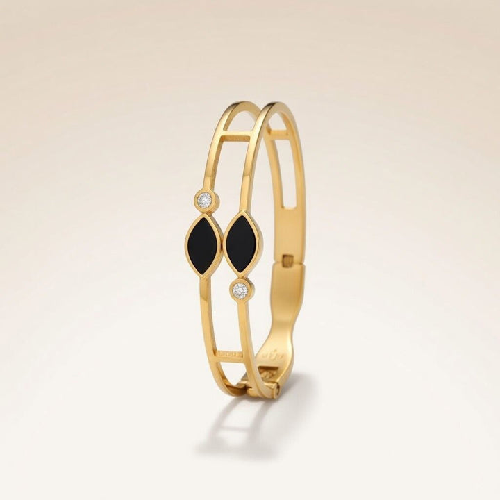 Two Black Leaf Zircon Gold Lightweight Minimalist Stacking Bangle Bracelet