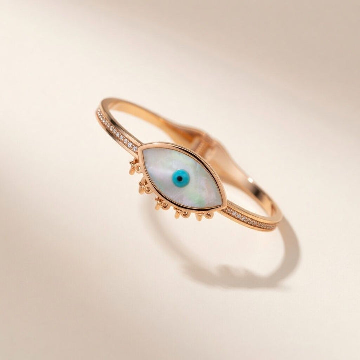 Evil Eye White Enamel Sequin Dangle 18ct Plated Rose Gold Arm Bangle Bracelet