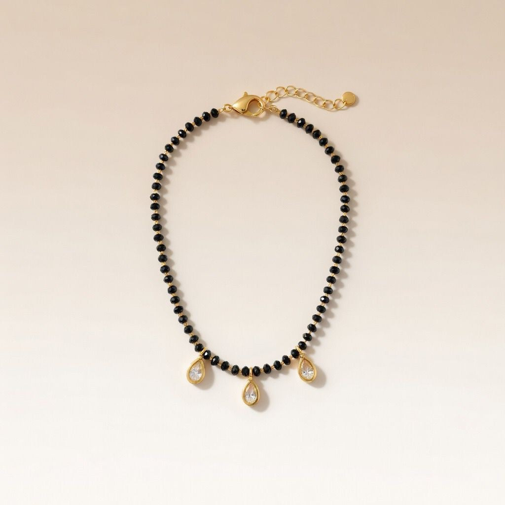 Elegant Black Beaded Nazar mangalsutra Dangle Zircon Bracelet — Boho Jewellery UK | The Colourful Aura