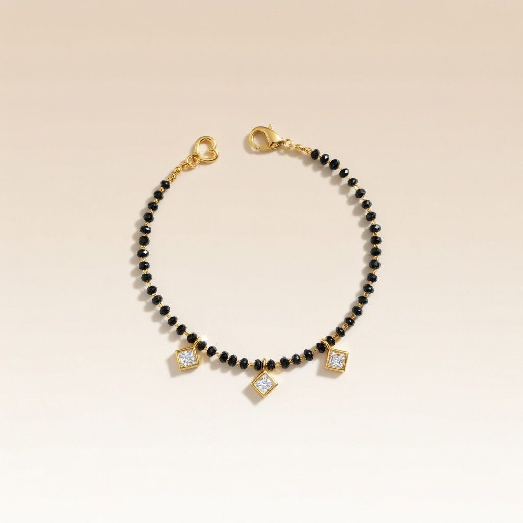Black Beaded Mangalsutra Square Dangle Zircon Nazar bracelet — Boho Jewellery UK | The Colourful Aura
