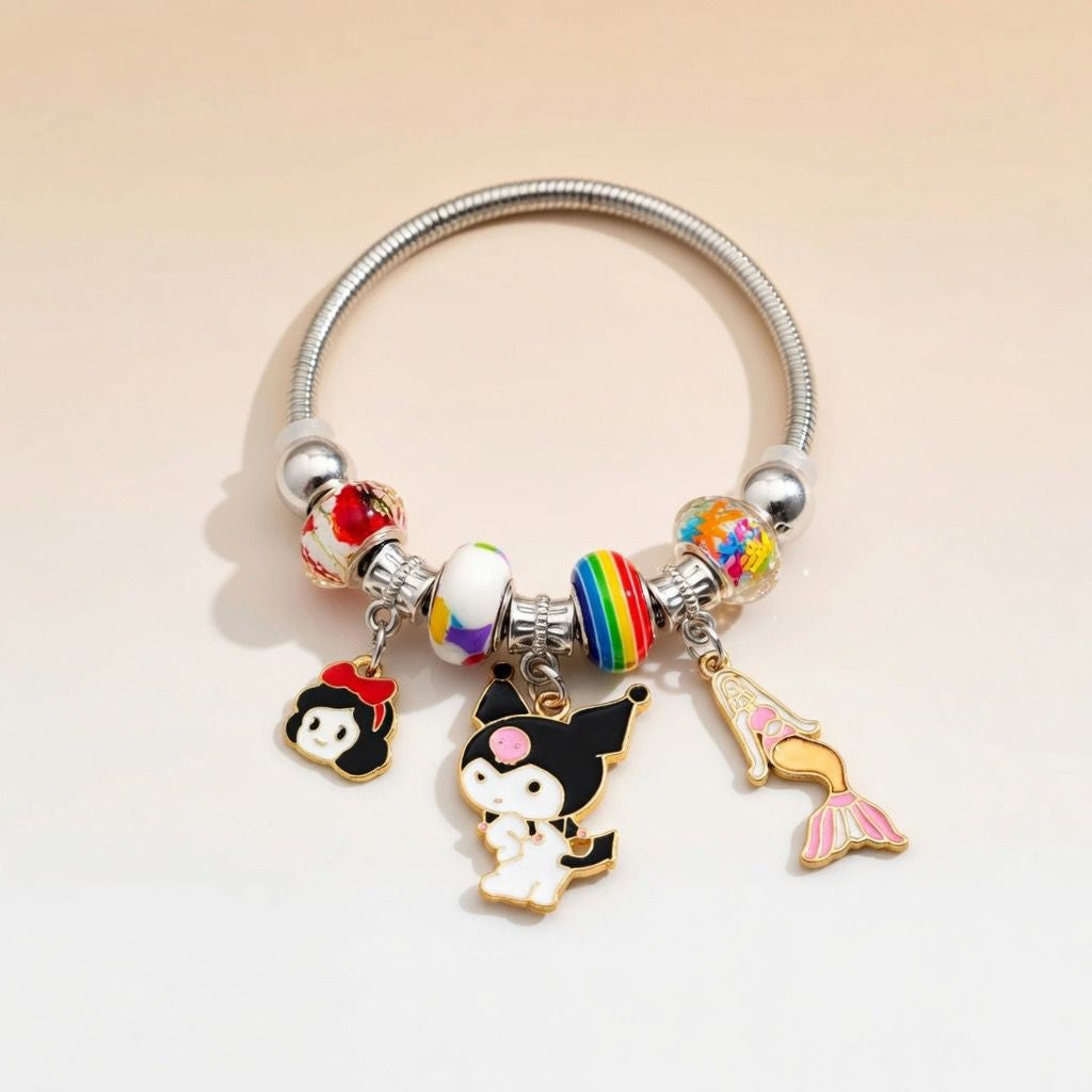 Cartoon Charm Dangle Silver Enamel Bangle Bracelet — Boho Jewellery UK | The Colourful Aura