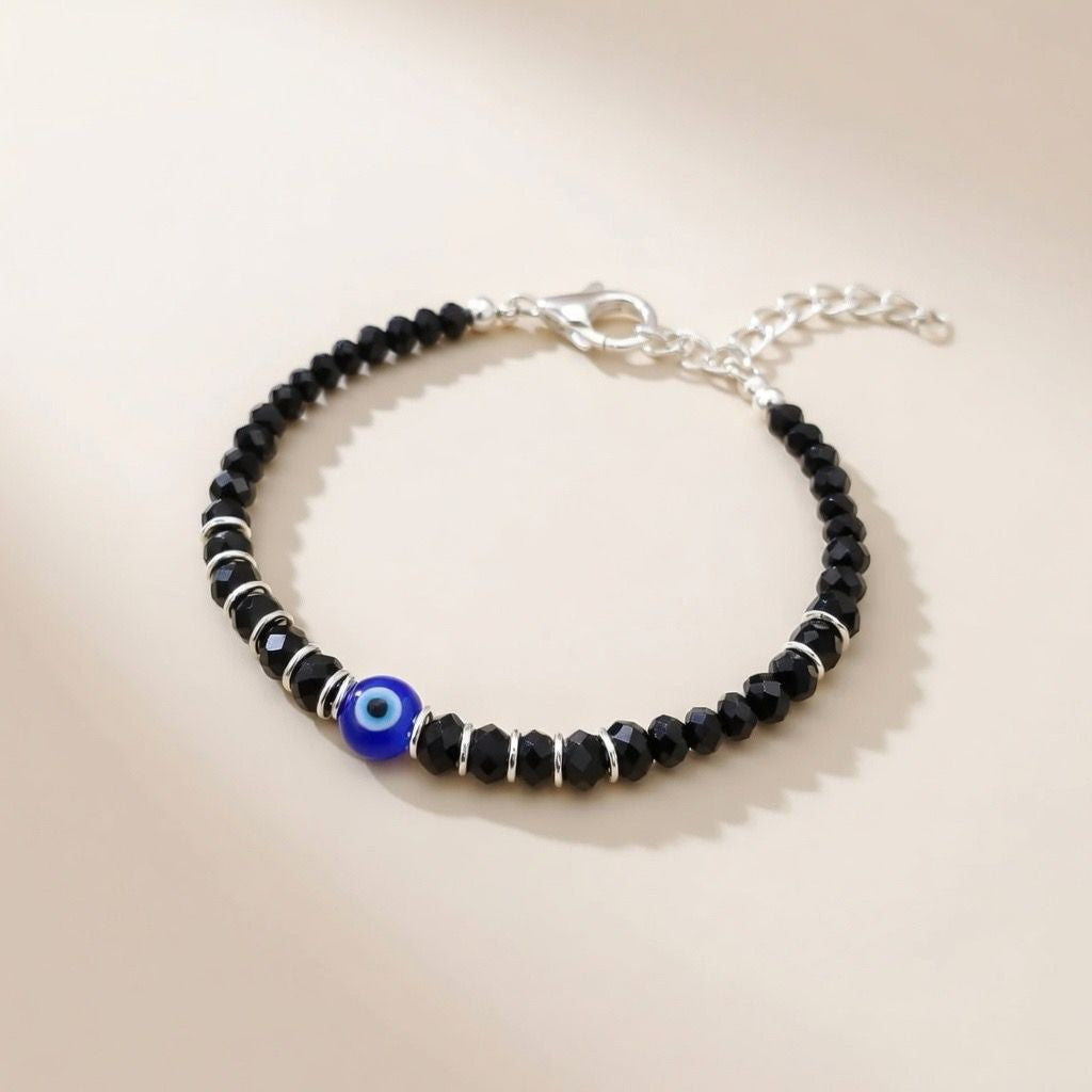 Black Beaded Evil Eye Silver Kids Nazaria Bracelet — Boho Jewellery UK | The Colourful Aura