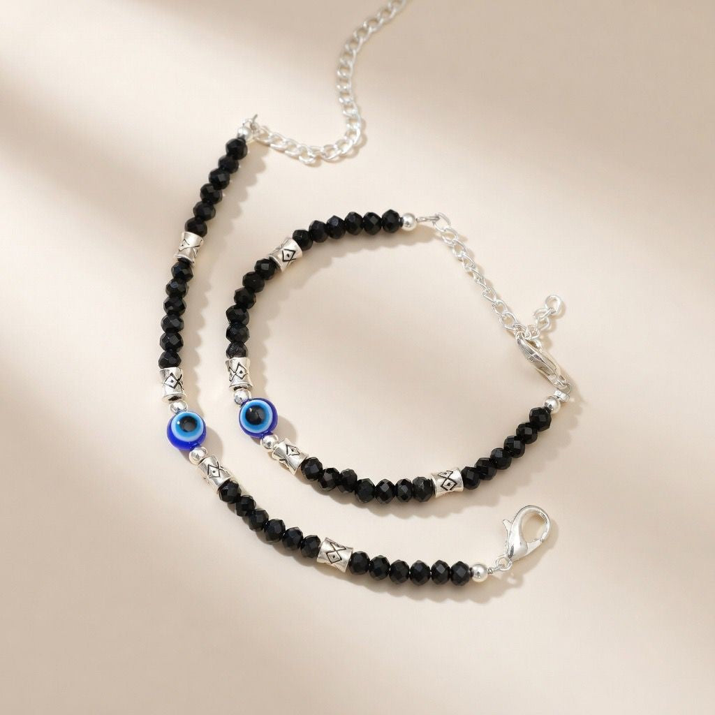 Silver Evil Eye Black Beaded Kids Indian Nazaria Bracelet — Boho Jewellery UK | The Colourful Aura