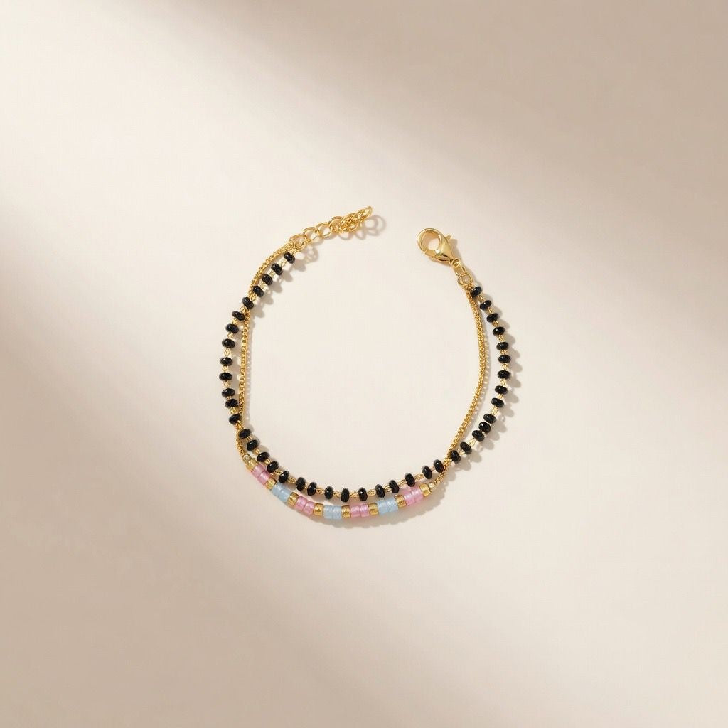 Two layer Black Beaded Plain Unisex Mangalsutra Bracelet — Boho Jewellery UK | The Colourful Aura