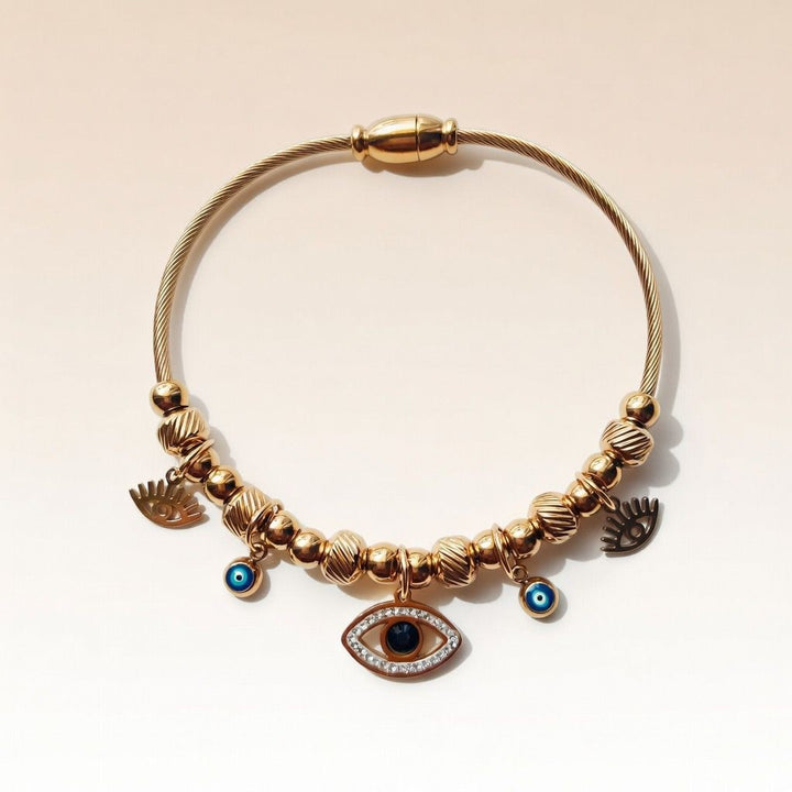 Rose Gold Evil Eye Dangle Charms Protection Dangly Bracelet — Boho Jewellery UK | The Colourful Aura